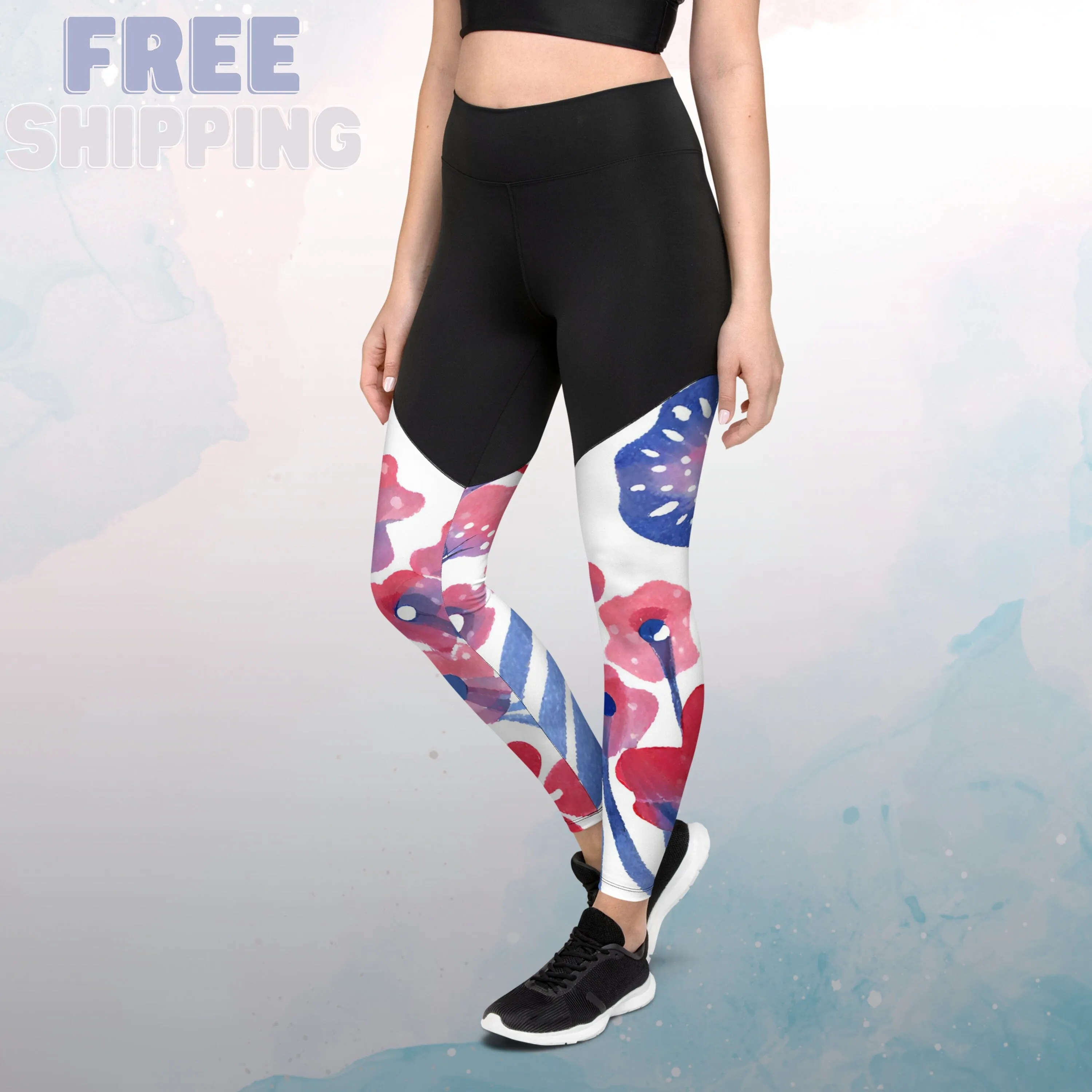 Abstract Patriotic Floral Pattern Sports Leggings