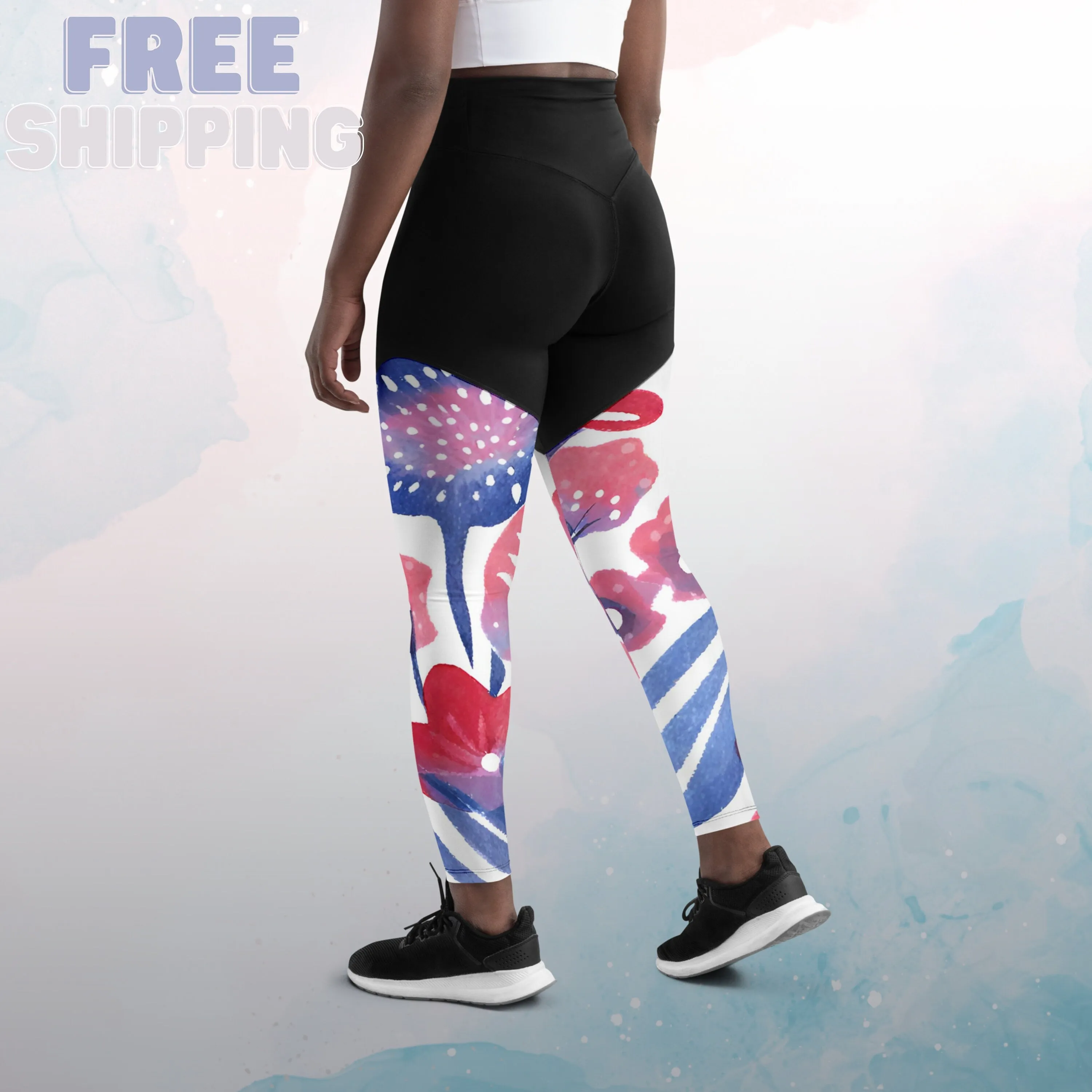 Abstract Patriotic Floral Pattern Sports Leggings