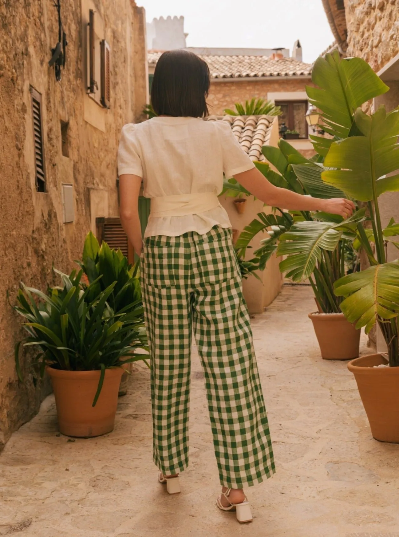 Barbora Straight Linen Pants - Green Gingham