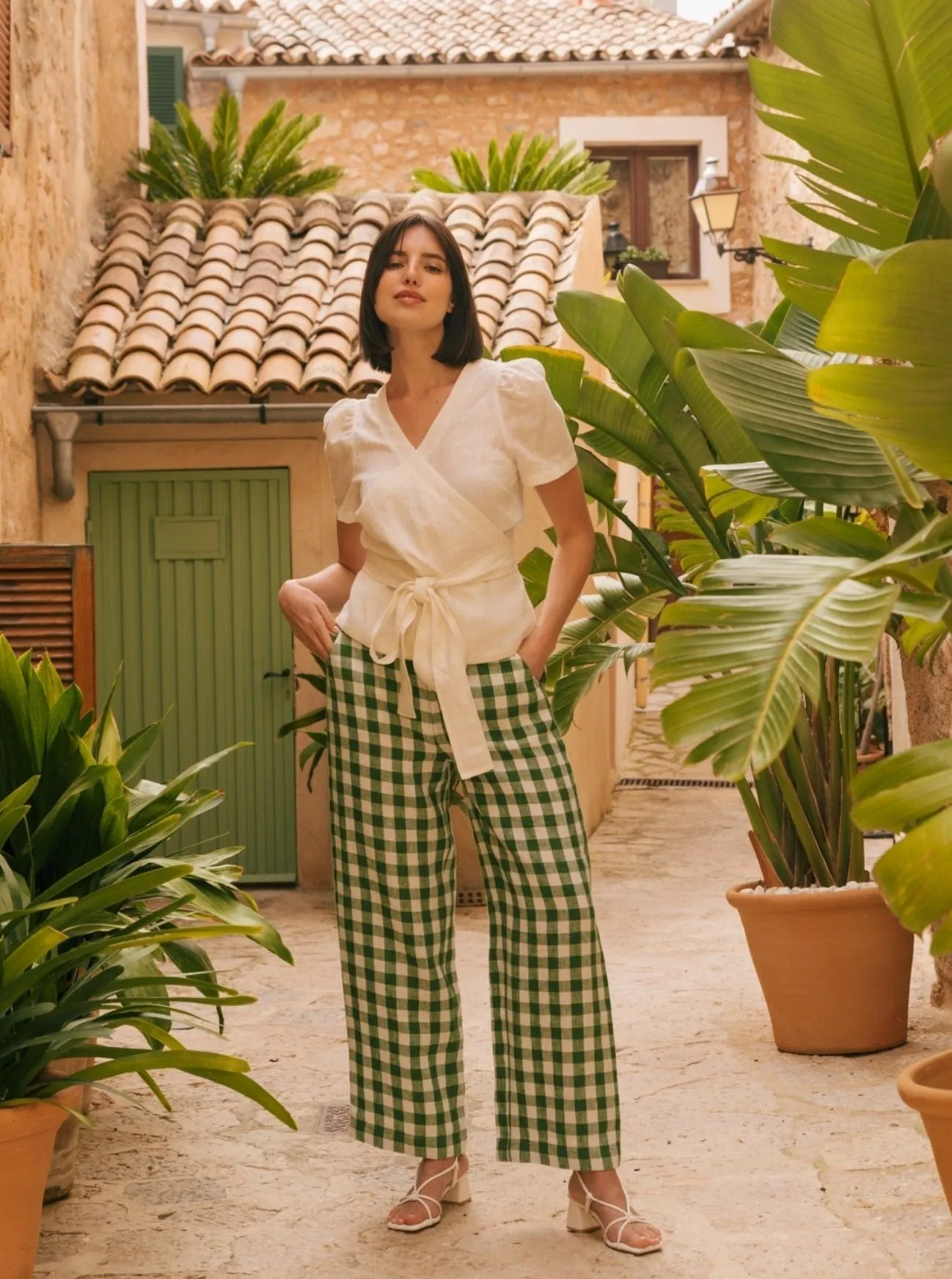 Barbora Straight Linen Pants - Green Gingham