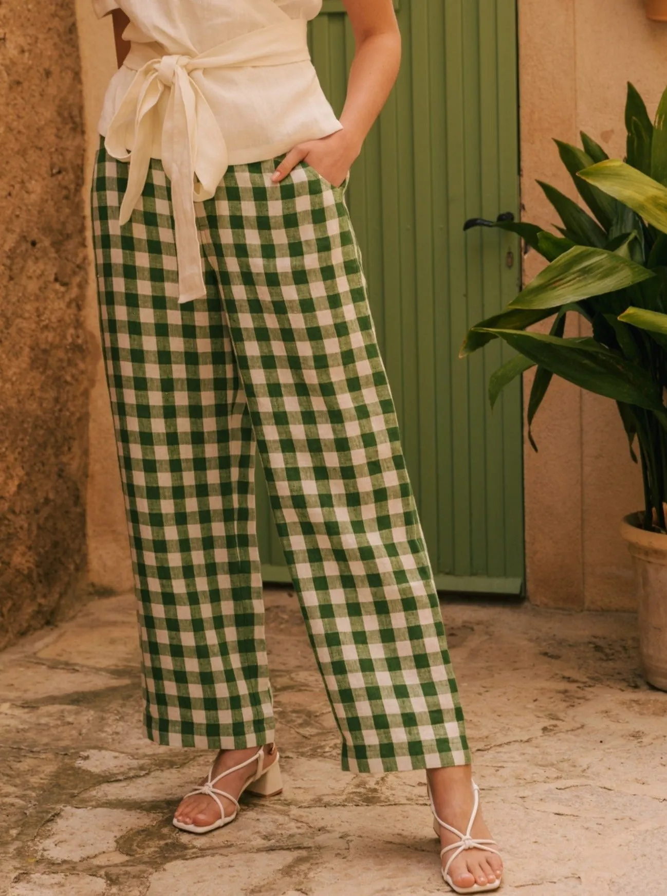 Barbora Straight Linen Pants - Green Gingham