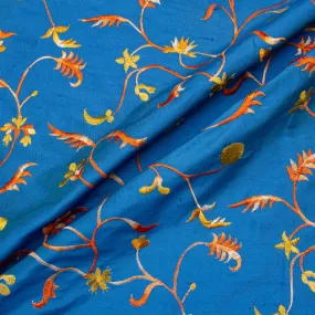 Birds of Paradise Embroidered Blue Silk Shantung