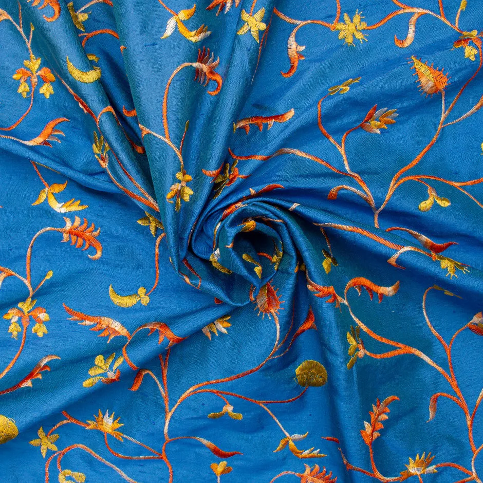 Birds of Paradise Embroidered Blue Silk Shantung