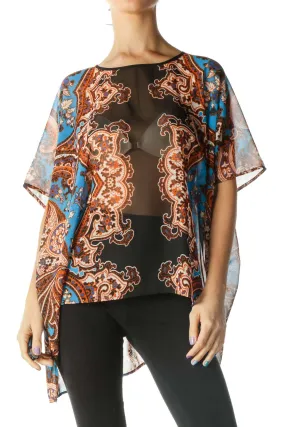 Black, Blue, and Orange See Through Floral Print Flowy Blouse