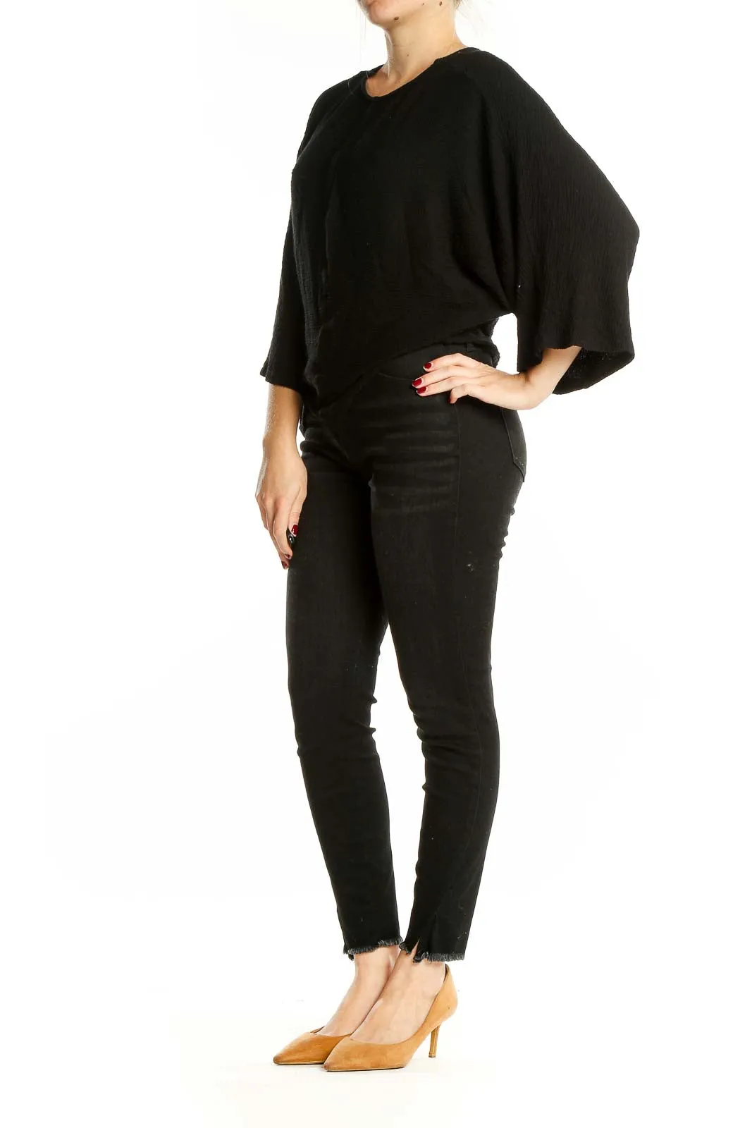 Black Flowy Batwing Sleeve Top