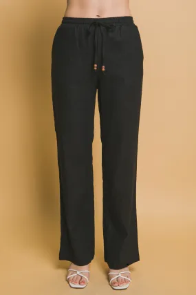 Black Linen Drawstring Waist Long Pants with Pockets