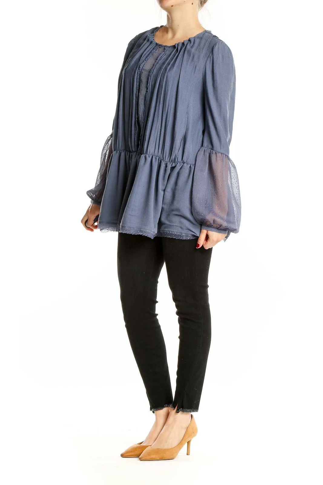 Blue Flowy Sheer-Sleeve Peplum Top