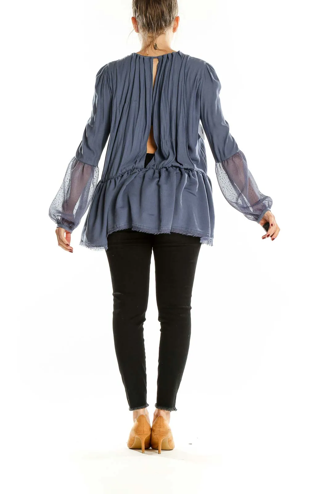 Blue Flowy Sheer-Sleeve Peplum Top