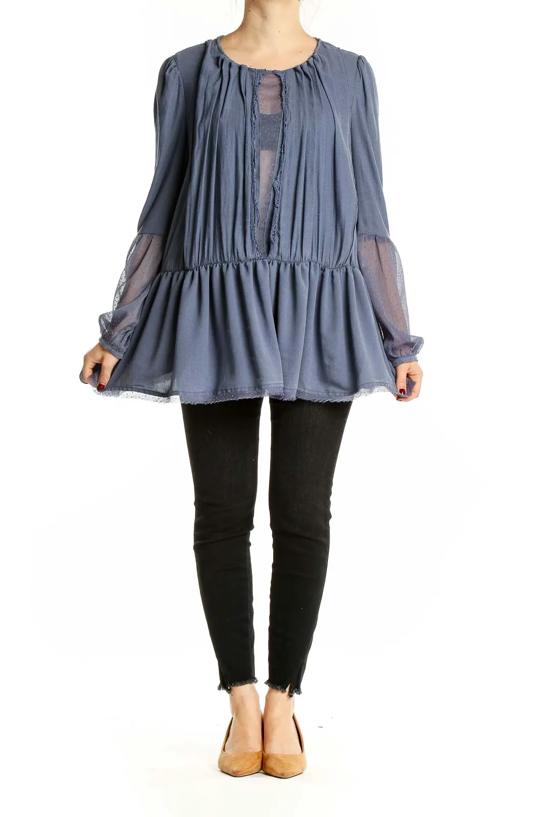 Blue Flowy Sheer-Sleeve Peplum Top