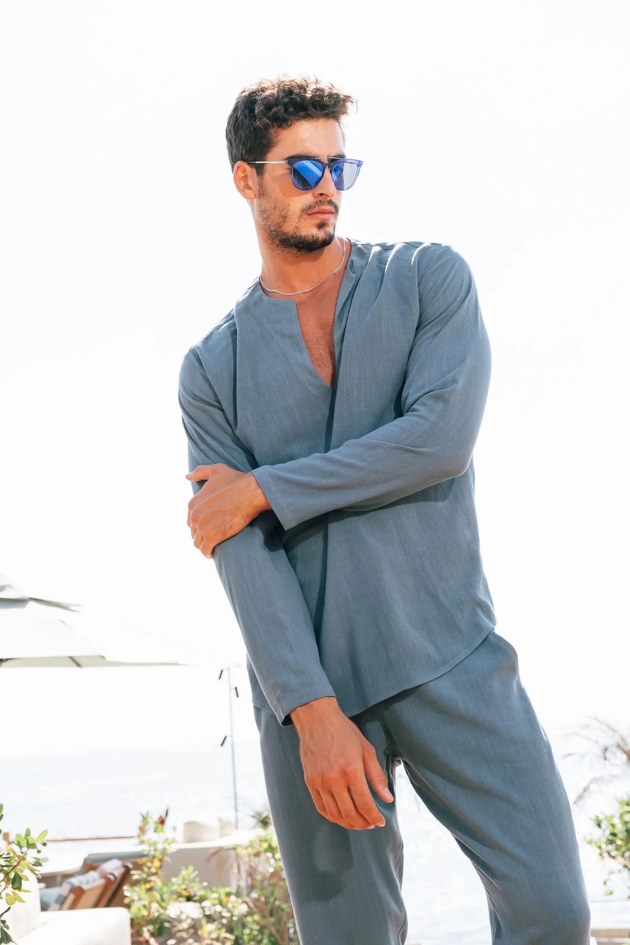 BLUE PETROL LINEN LONG SLEEVE V-NECK TOP