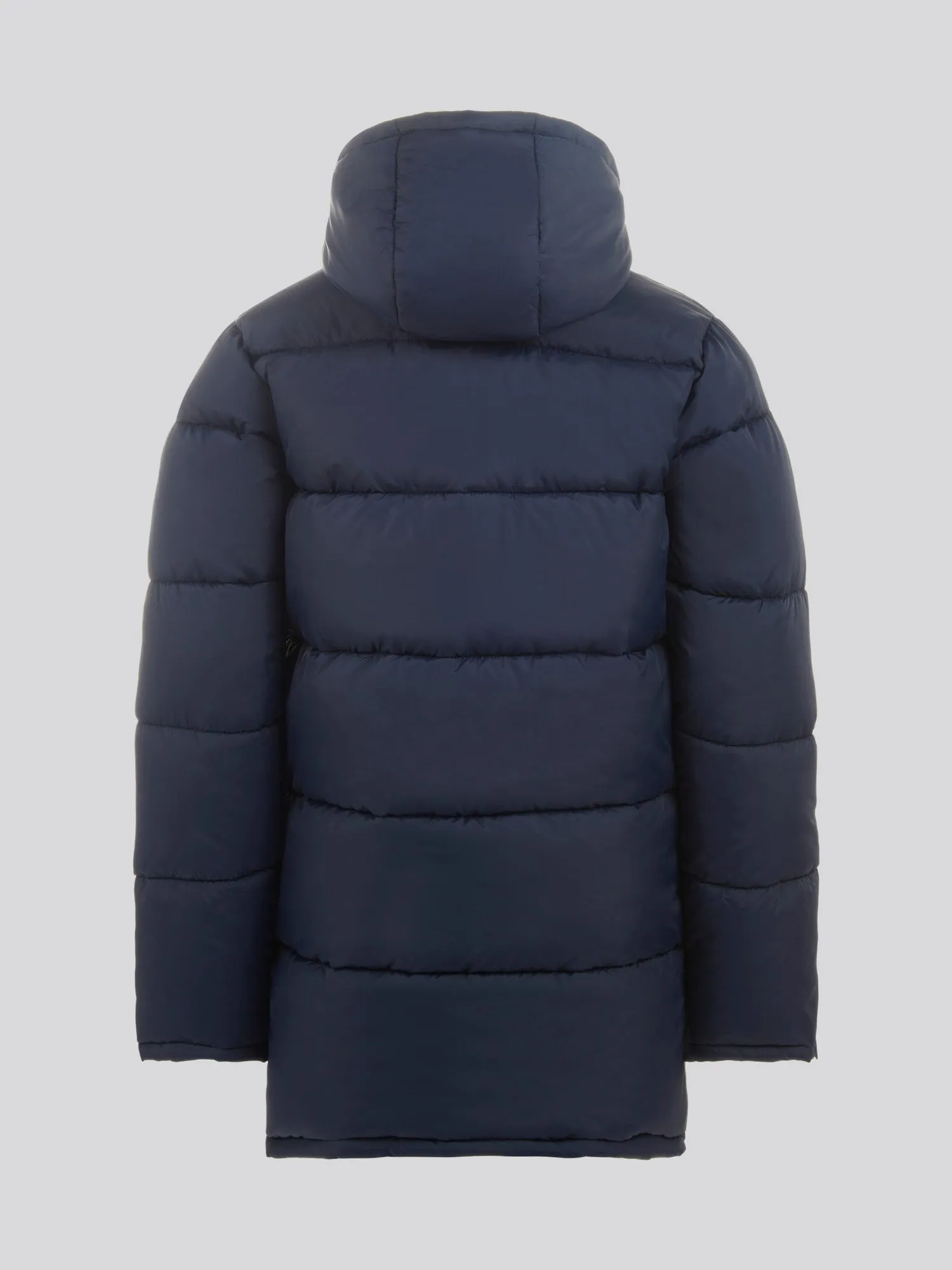 Boys Longline Puffer Jacket in Dark Sapphire Navy / Haute Red DHM