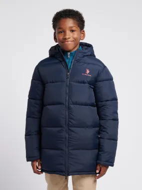 Boys Longline Puffer Jacket in Dark Sapphire Navy / Haute Red DHM