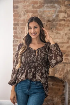 Brown Floral Print Tie Detail Blouse