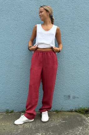 By Basics Straight Linen Pants in Earth Red