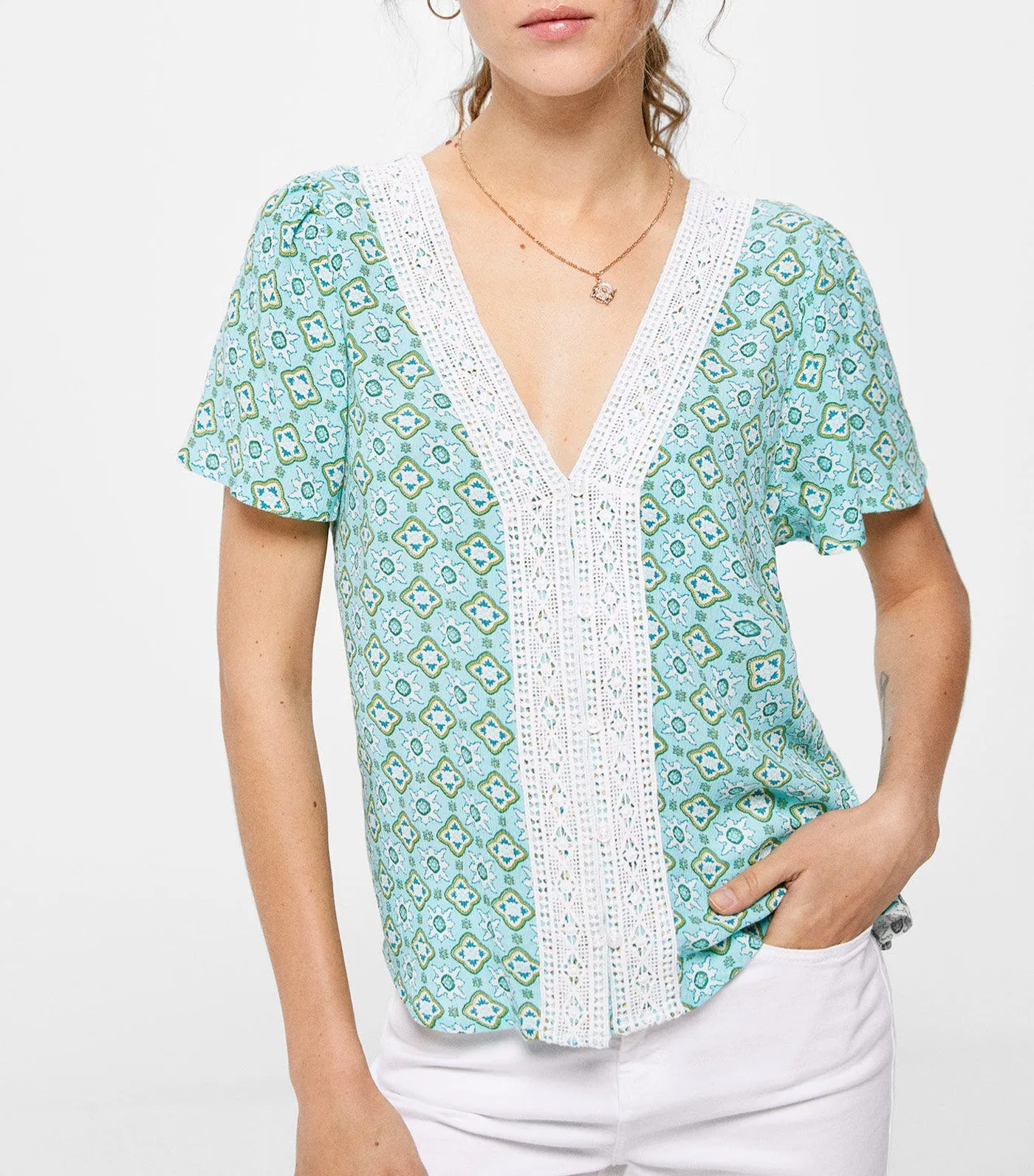 Crochet Neckline Blouse Blue