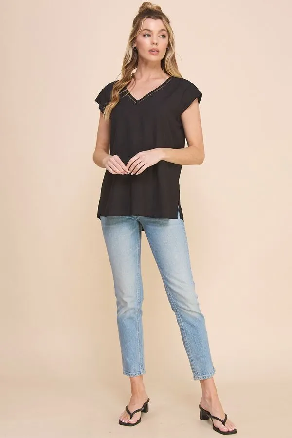 Flowy Textured Short Sleeve V-Neck Blouse