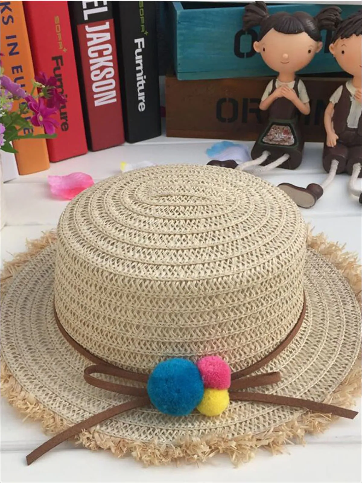 Girls Leather Banded Rainbow Pom Pom Embellished Straw Hat