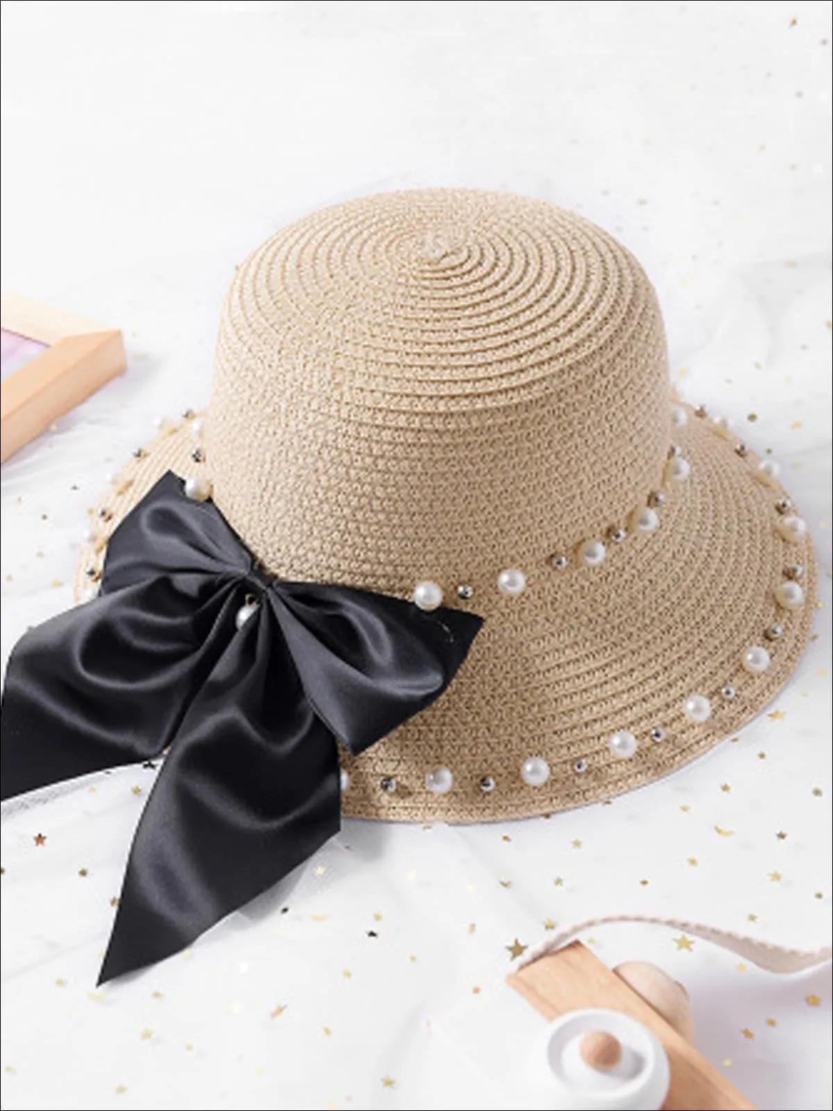 Girls Pearl and Bow Embellished Straw Hat