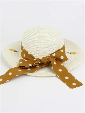 Girls Pineapple Embroidered Straw Hat with Polka Dot Ribbon