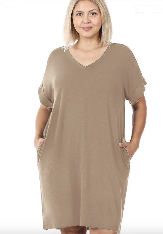 HI Curvy Plus Size Women Rolled Short Sleeve V-Neck Dress