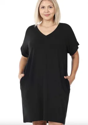 HI Curvy Plus Size Women Rolled Short Sleeve V-Neck Dress