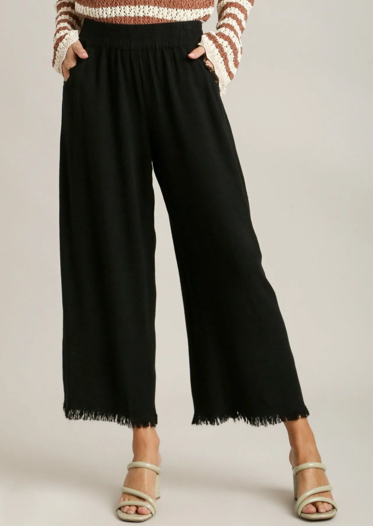 Linen Blend Elastic Waist Wide Leg Pant #667  Black