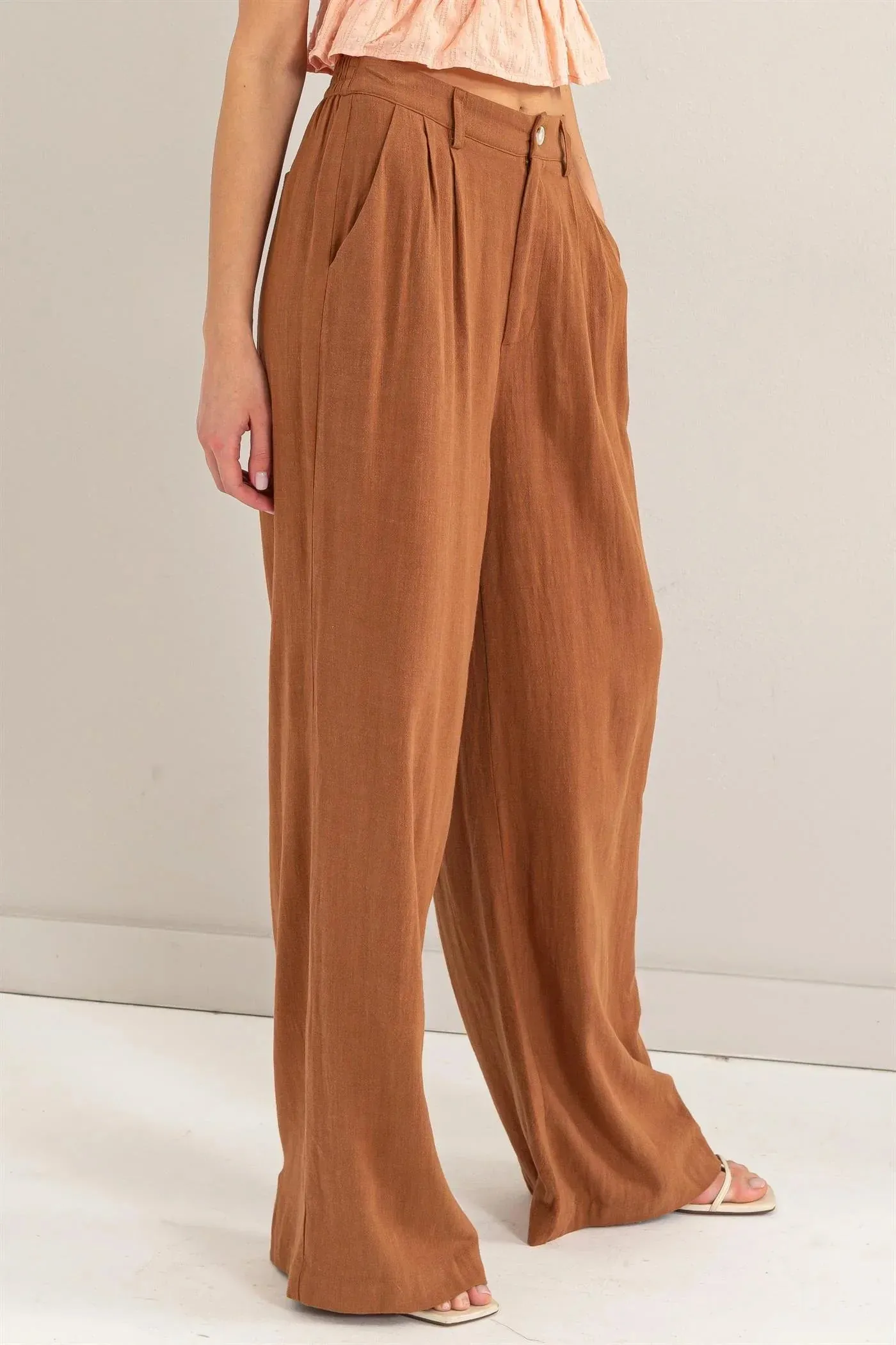 LINEN BLEND PLEATED WIDE LEG PANTS