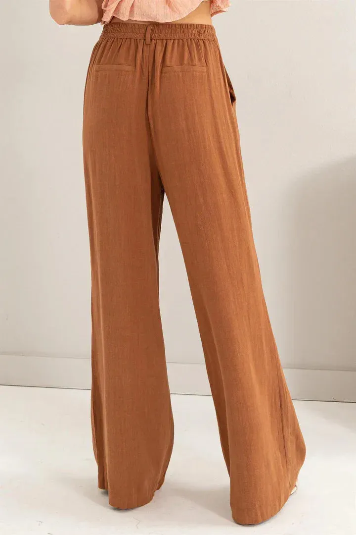 LINEN BLEND PLEATED WIDE LEG PANTS