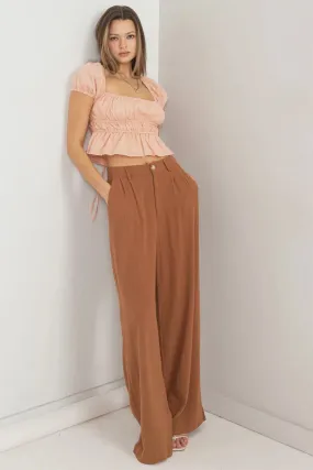 LINEN BLEND PLEATED WIDE LEG PANTS