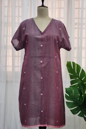 Mauve boxy V neck jamdani dress