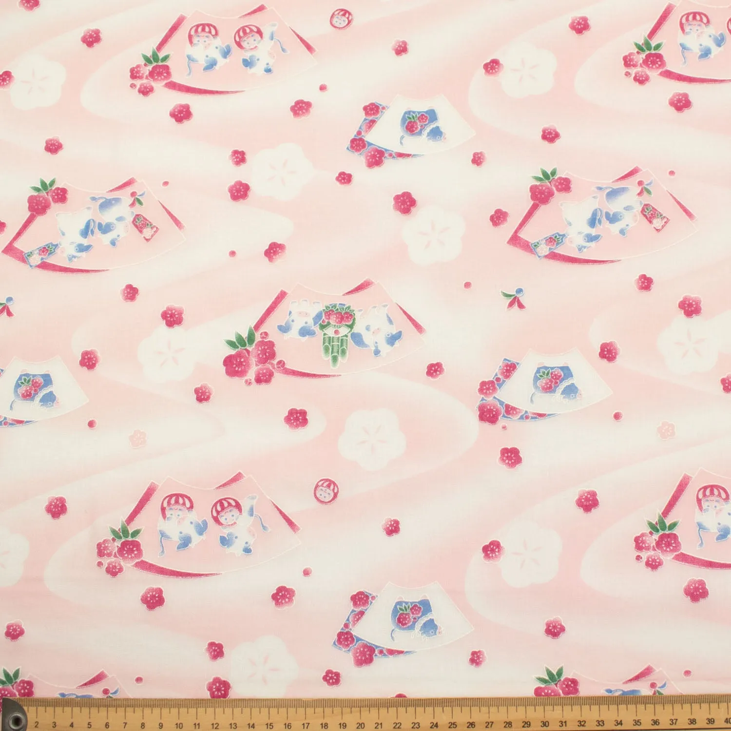 Printed Cotton Voile Design-70 Blue Cows & Sakura on Baby Pink