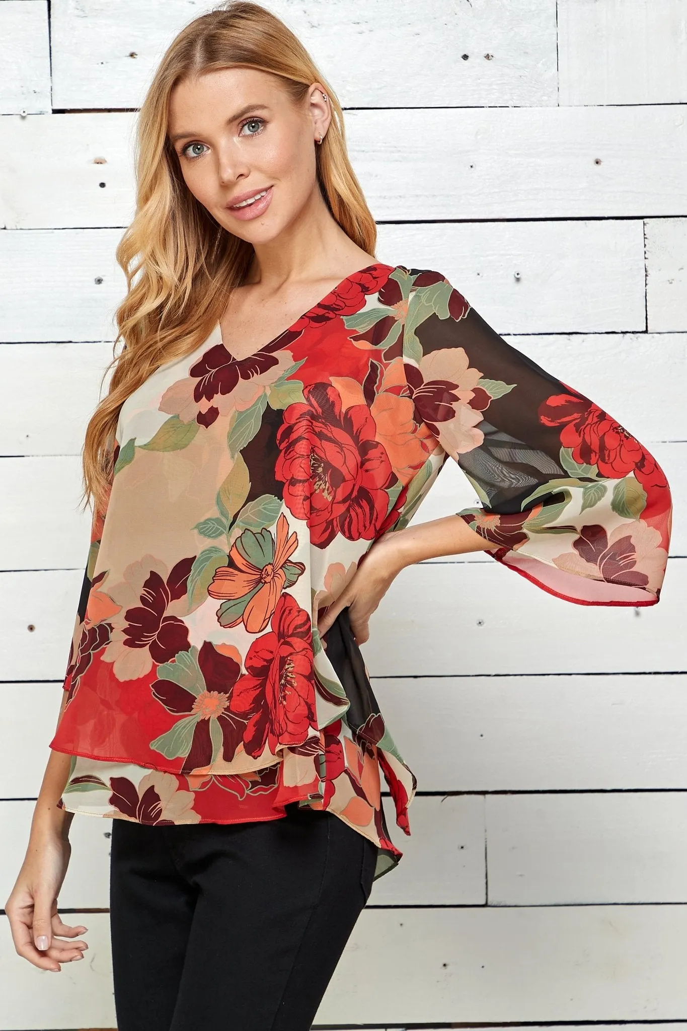 Red Floral 3/4 Sleeve Double Layer Split Back Blouse