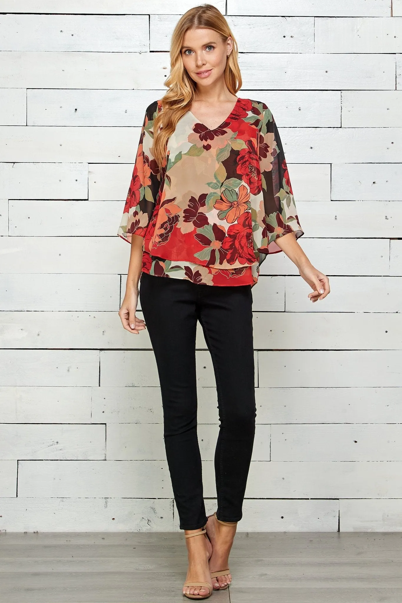 Red Floral 3/4 Sleeve Double Layer Split Back Blouse