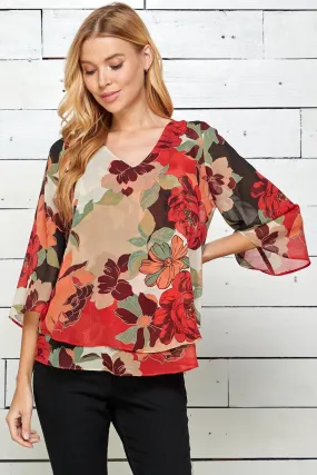 Red Floral 3/4 Sleeve Double Layer Split Back Blouse