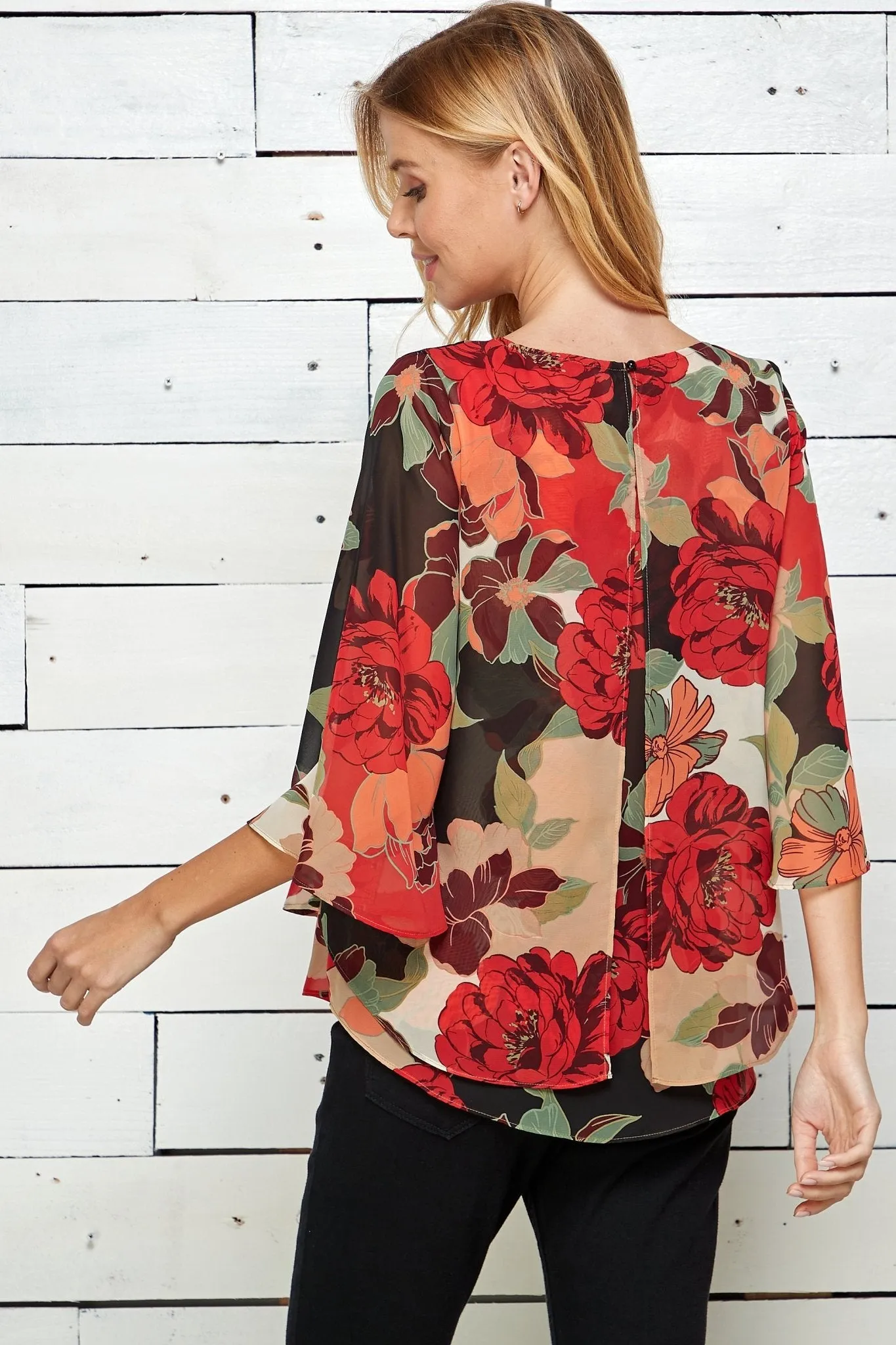 Red Floral 3/4 Sleeve Double Layer Split Back Blouse