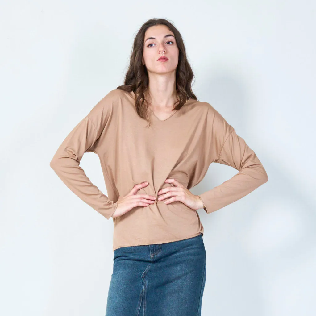 Relaxed fit V-neck long sleeve top wholesale