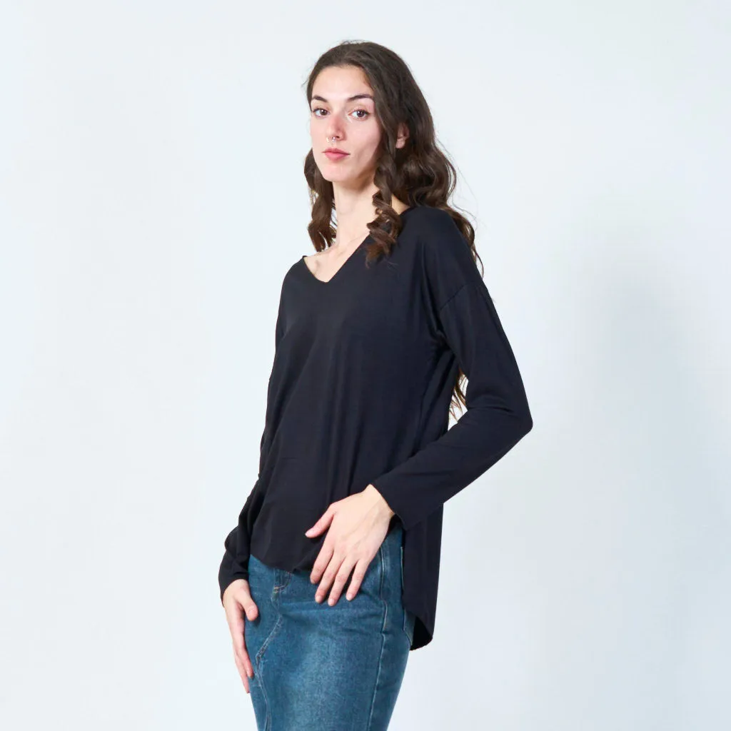 Relaxed fit V-neck long sleeve top wholesale