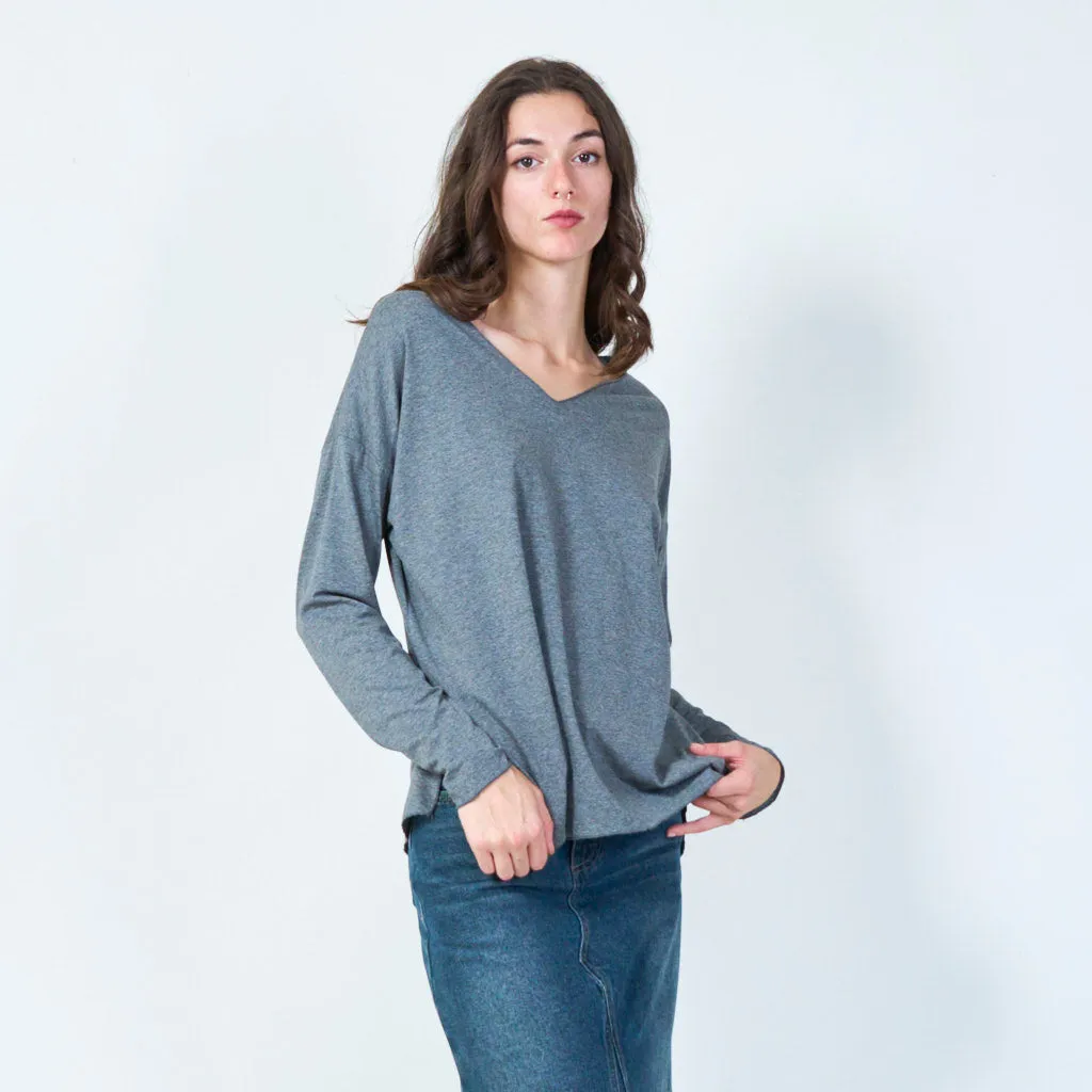 Relaxed fit V-neck long sleeve top wholesale