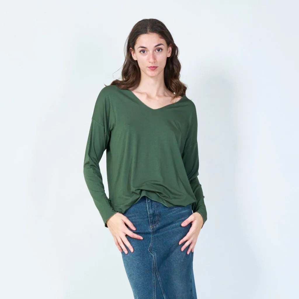 Relaxed fit V-neck long sleeve top wholesale