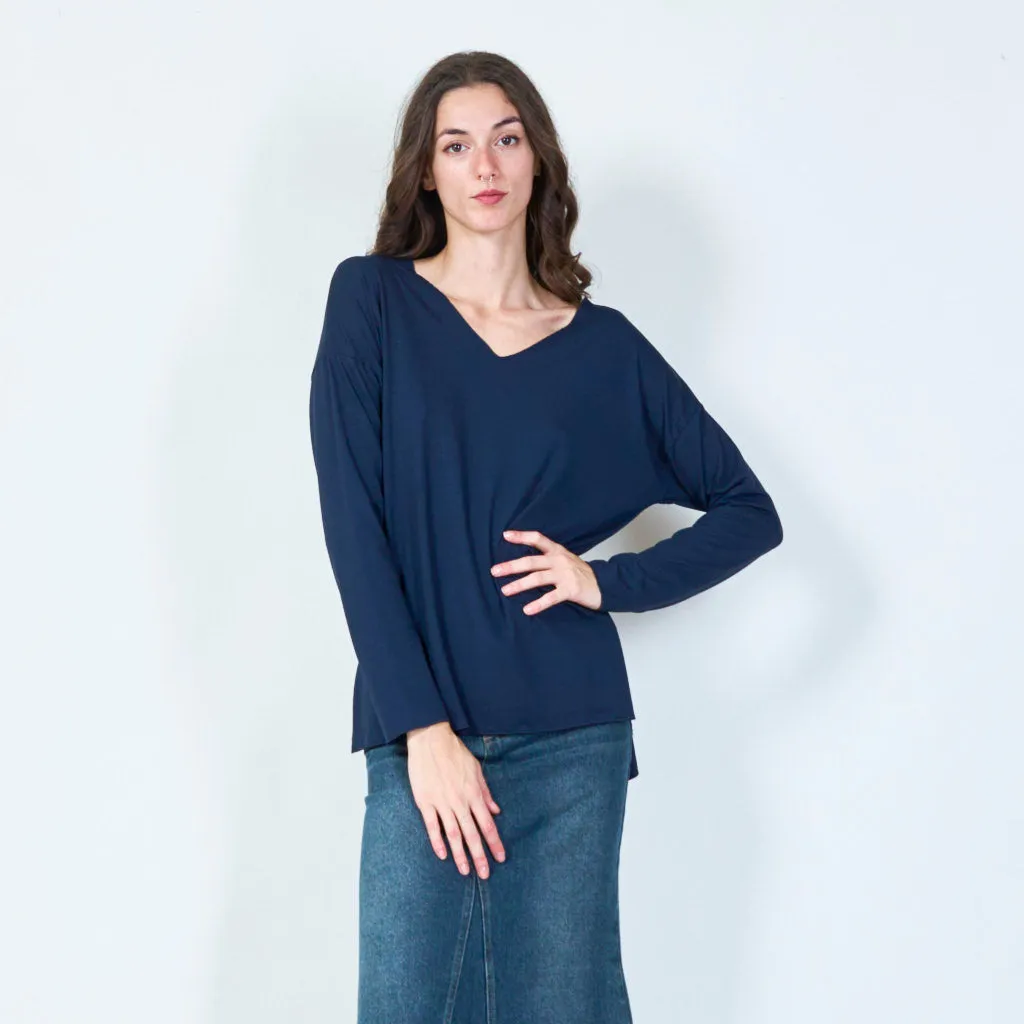 Relaxed fit V-neck long sleeve top wholesale