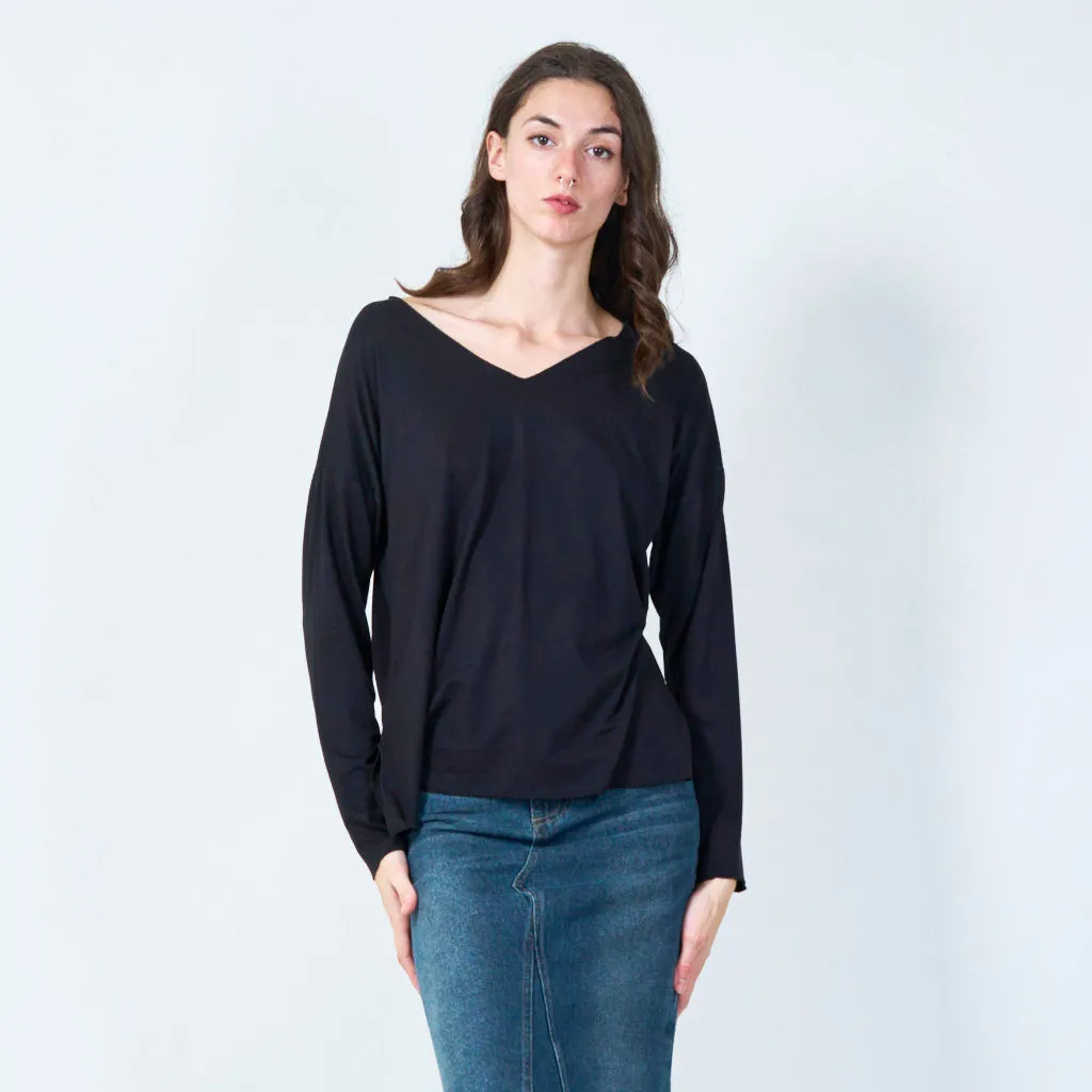 Relaxed fit V-neck long sleeve top wholesale