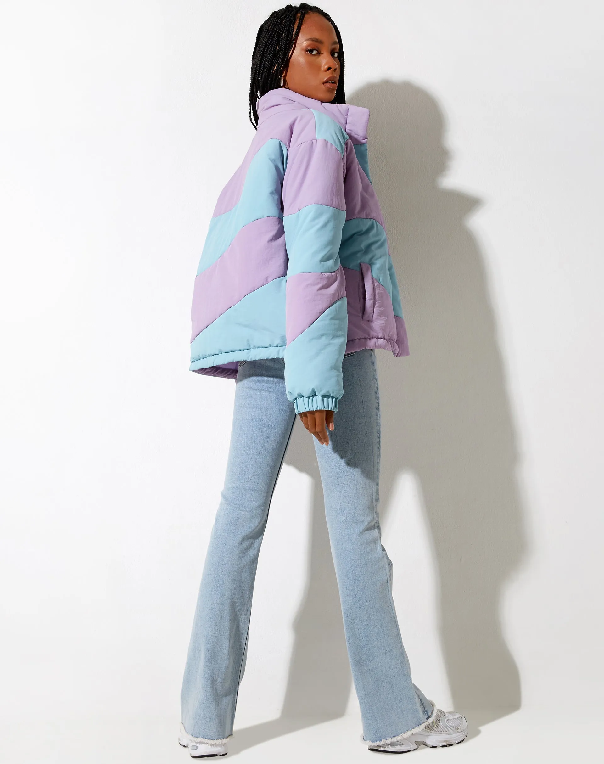 Renee Puffa Jacket in Panelled Purple and Blue