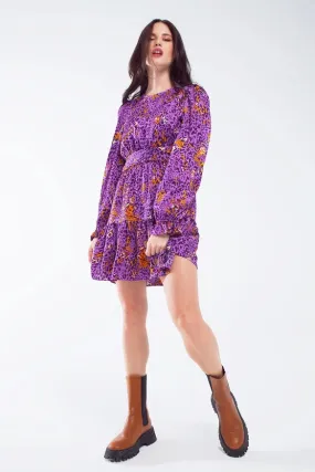 Short Printed Dress with Tiered Skirt and Ruffled Cuff in Pu