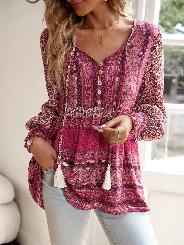 Spring Floral Print Flowy Blouse | Long Sleeve Tie-Front Top