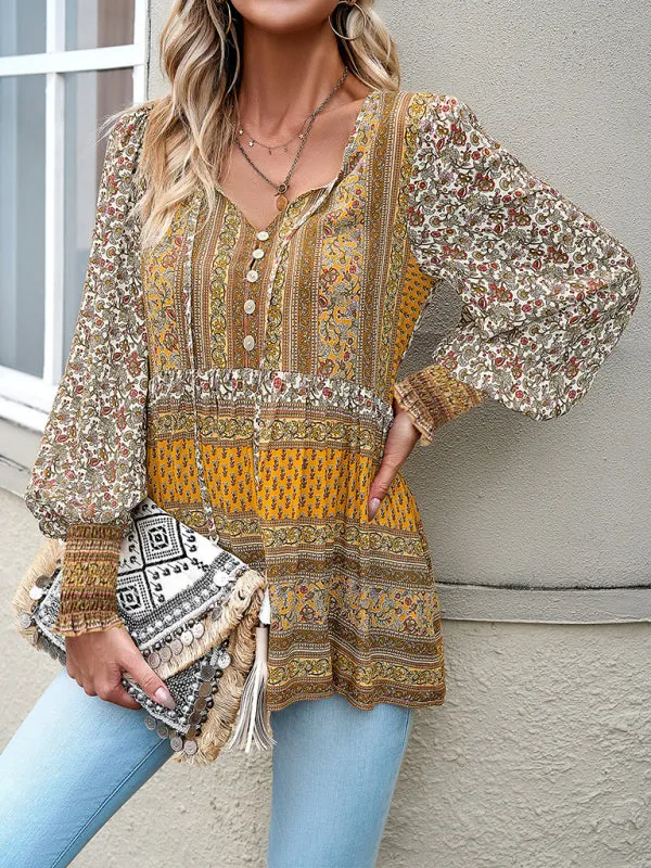 Spring Floral Print Flowy Blouse | Long Sleeve Tie-Front Top