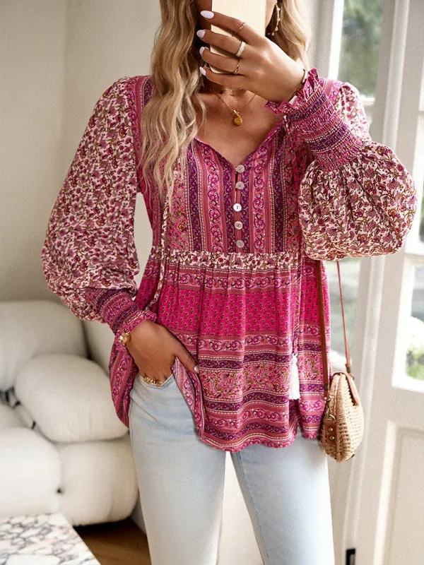 Spring Floral Print Flowy Blouse | Long Sleeve Tie-Front Top