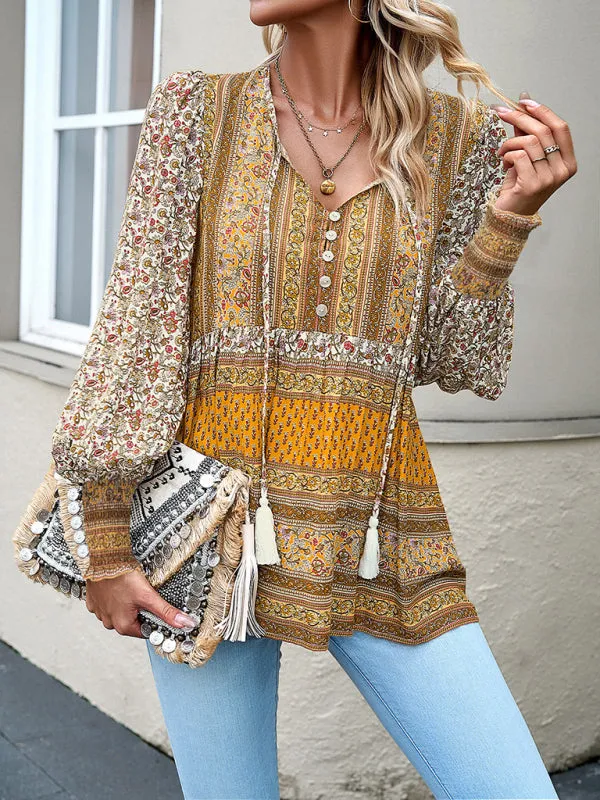 Spring Floral Print Flowy Blouse | Long Sleeve Tie-Front Top