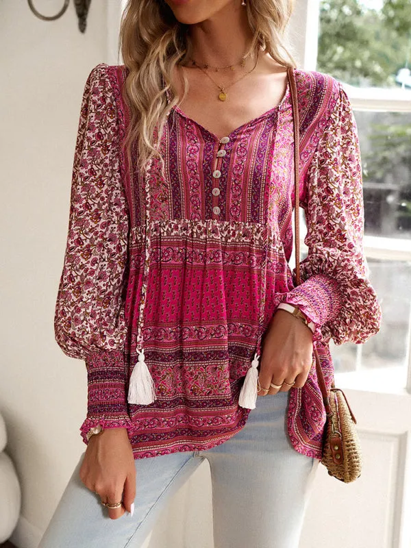 Spring Floral Print Flowy Blouse | Long Sleeve Tie-Front Top