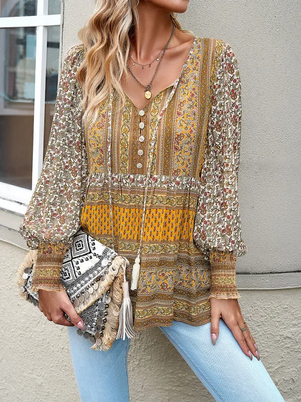 Spring Floral Print Flowy Blouse | Long Sleeve Tie-Front Top