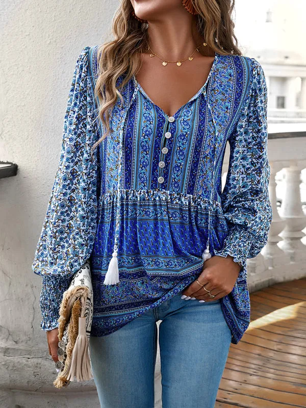 Spring Floral Print Flowy Blouse | Long Sleeve Tie-Front Top